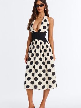 🖤🤍 Fashion Nova Polka Dot Halter Corset Midi Dress – Size Large – New With Tags